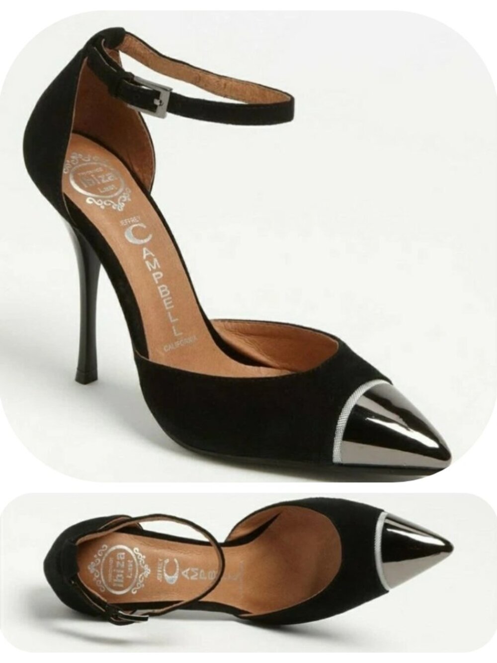 JEFFREY CAMPBELL Size 7 Koons Pumps Silver Toe Cap Ankle Strap Black 4.5" Heels